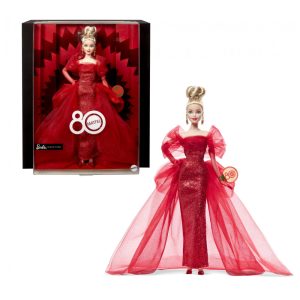 Boneca colecionável Barbie Signature Mattel 80 Anos loiro com vestido vermelho em tule e acessórios 2025