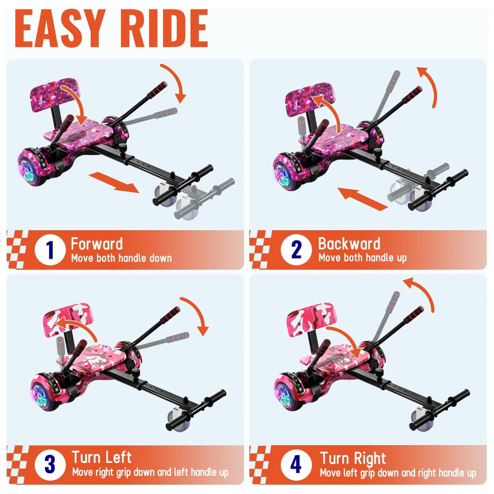 Hoverboard com Assento para Crianças e Adultos, Autoequilíbrio 6,5 e 8,5 polegadas, Bluetooth com Luzes LED Coloridas e Kart Estrelar Roxo - Imagem 4