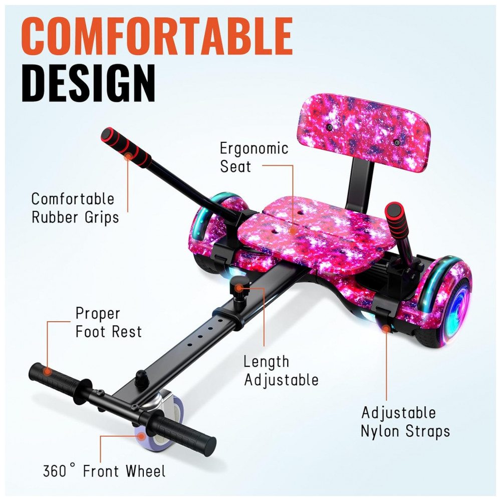 Hoverboard com Assento para Crianças e Adultos, Autoequilíbrio 6,5 e 8,5 polegadas, Bluetooth com Luzes LED Coloridas e Kart Estrelar Roxo - Imagem 5
