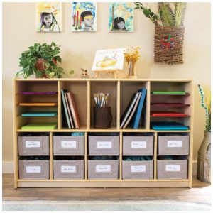 Estante infantil 5 prateleiras com 10 nichos Guidecraft EdQ Natural em madeira bétula para livros e brinquedos 122cm