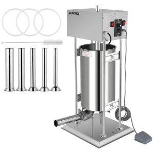 Máquina de Enchimento de Linguiças Elétrica ROVSUN 10L - Aço Inoxidável Design Vertical Velocidade Ajustável 5 Tubos de Enchimento Uso Residencial