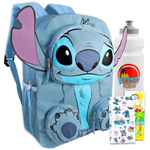 Mochila Escolar Infantil Stitch 5L com Bolsos Frontais Garrafa de Água e Figurinhas para Crianças Lilo and Stitch Azul