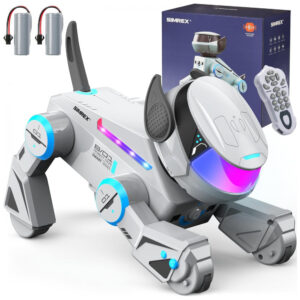 Robô Cachorro Programável Cinza – SIMREX, Cão Robótico Interativo com Bluetooth, Controle Remoto, Sensores de Toque e Dança