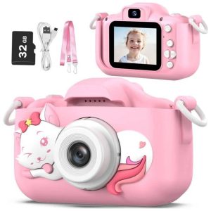 Câmera digital infantil Goopow rosa e roxa inclui cartão MicroSD de 32GB resistente a quedas e durável para meninas de 3 a 10 anos.