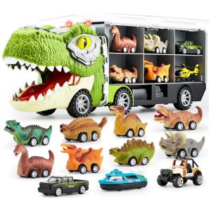 Caminhão Transportador de Dinossauros Retráteis 13 em 1 e Helicóptero com Música Som Estrondoso e Luzes para Crianças Acima de 3 Anos Joyin