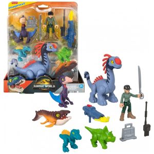 Conjunto de figuras Fisher-Price Imaginext Jurassic World Rebirth com 1 humano 5 dinossauros lançador e acessórios
