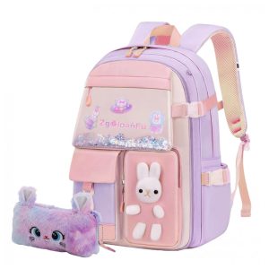 Mochila escolar infantil kistou coelho kawaii oxford impermeável grande capacidade roxa