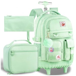 Mochila escolar CCJPX com rodinhas verde conjunto 3 peças com lancheira e estojo resistente à água