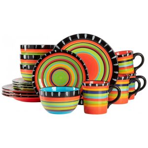 Aparelho de Jantar com 16 Peças em Cerâmica Pintadas a Mão Gibson Elite Feliz Colorido