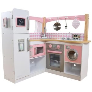 Cozinha Infantil em Madeira com Lavadora Quadro Negro Cortinas e 4 Acessórios para Crianças Acima de 3 Anos KidKraft Rosa