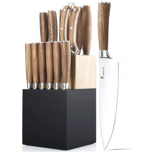 Conjunto de Facas em Aço Inoxidável com Bloco de Bancada 15 Peças Kangdelun Marrom