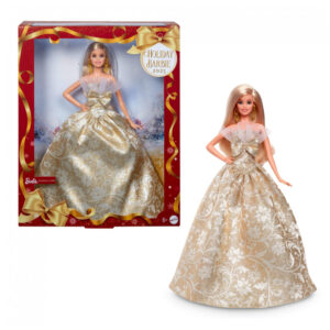 Boneca Barbie Signature 2025 Holiday loira vestido prata e dourado cabelo platinado cacheado brincos e saltos dourados para colecionadores