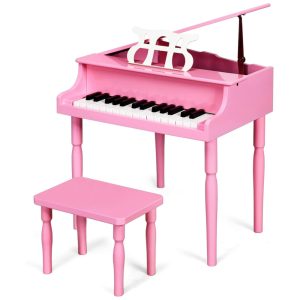 Piano Clássico Infantil com 30 Teclas Banco Tampa de Piano e Suporte para Partitura Goplus Rosa
