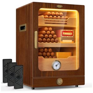 Umidor de Charutos Tesonway com Luz Automática Prateleiras de Cedro Espanhol Higrômetro 3 Umidificadores e Gaveta de Acessórios - 120L.