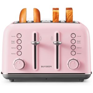 Torradeira BUYDEEM DT640 4 Pães Inox Rosa Slots Largos Função Bagel e Muffin Bandeja Removível 7 Ajustes de Tostagem