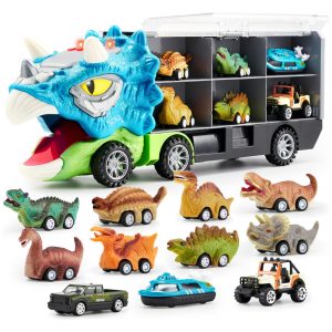 Brinquedo de Dinossauro JOYIN 13 em 1 para Crianças 3-5 anos Caminhão Triceraptor com 12 Carros de Tração Presente de Aniversário para Meninos