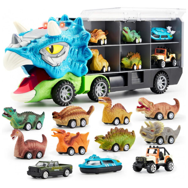 Brinquedo de Dinossauro JOYIN 13 em 1 para Crianças 3-5 anos, Caminhão Triceraptor com 12 Carros de Tração, Presente de Aniversário para Meninos