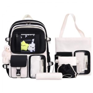 Mochila HORHREAR Kawaii 5 em 1 escolar transparente com pelúcia e estojo bege/tons colorblock