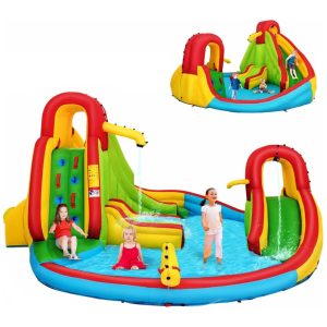 Parque Aquático Inflável até 160 kg com 2 Escorregadores Parede de Escalada e Piscina Grande para Crianças e Adultos Costzon Colorido