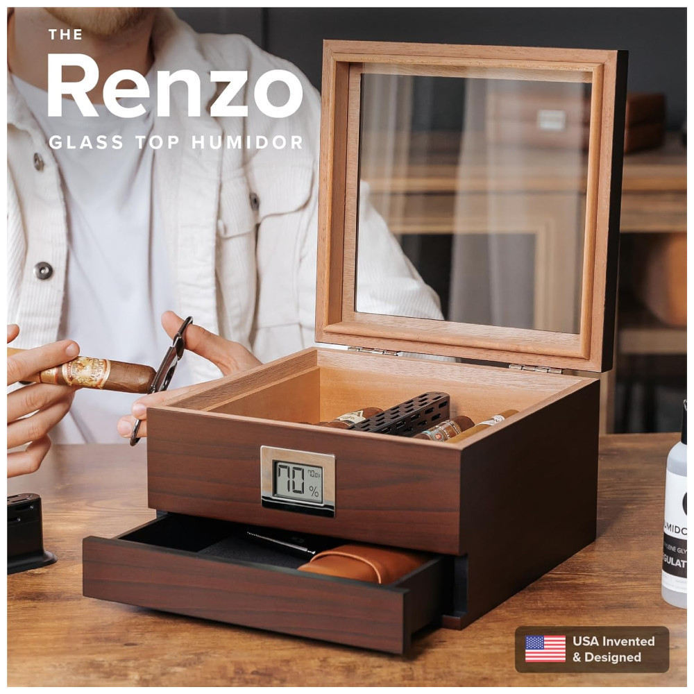 Umidor Perfeito com Elegância:Glass Top da CASE ELEGANCE com Cedro Espaçoso Higrômetro Digital Preciso Renzo Marrom - Imagem 2