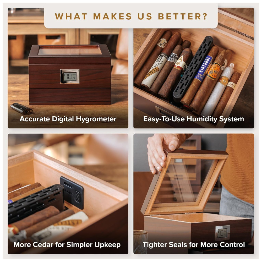 Umidor Perfeito com Elegância:Glass Top da CASE ELEGANCE com Cedro Espaçoso Higrômetro Digital Preciso Renzo Marrom - Imagem 3
