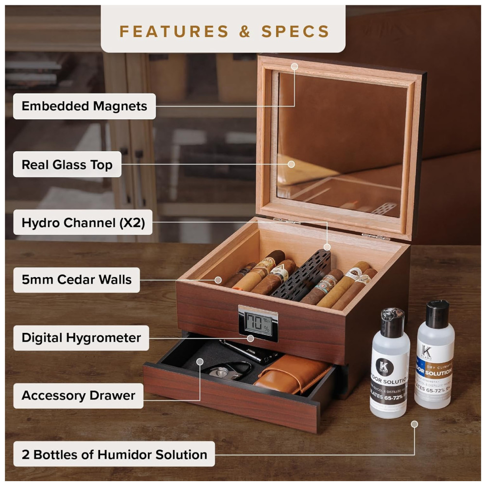Umidor Perfeito com Elegância:Glass Top da CASE ELEGANCE com Cedro Espaçoso Higrômetro Digital Preciso Renzo Marrom - Imagem 4