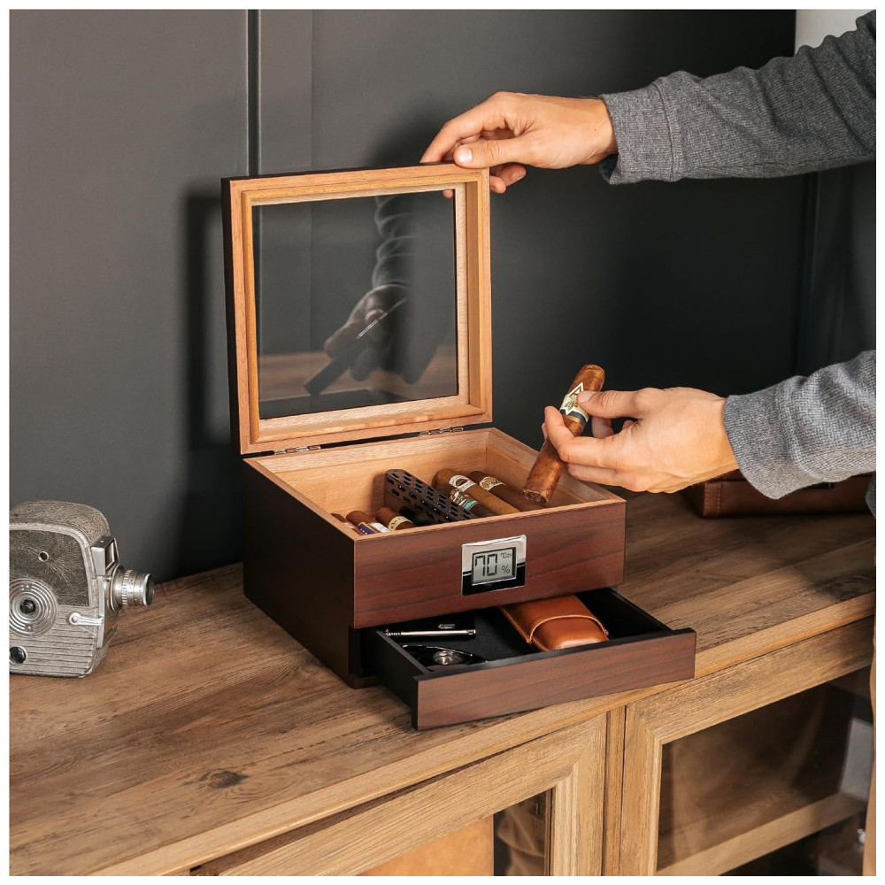 Umidor Perfeito com Elegância:Glass Top da CASE ELEGANCE com Cedro Espaçoso Higrômetro Digital Preciso Renzo Marrom - Imagem 5
