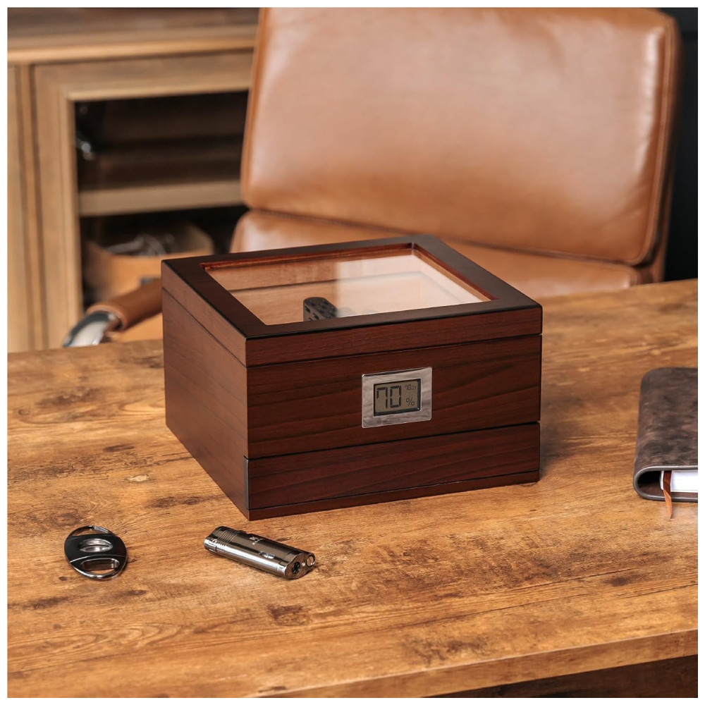 Umidor Perfeito com Elegância:Glass Top da CASE ELEGANCE com Cedro Espaçoso Higrômetro Digital Preciso Renzo Marrom - Imagem 6