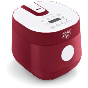 Panela de Arroz Elétrica GreenLife 15L Vermelha Cerâmica Antiaderente PFAS-Free Fuzzy Logic Programável Bowl Removível Lava-louças 110V