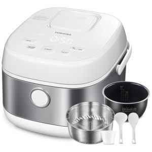 Panela elétrica de arroz TOSHIBA com aquecimento por indução 8 funções timer 24h capacidade 3 litros branco prateado