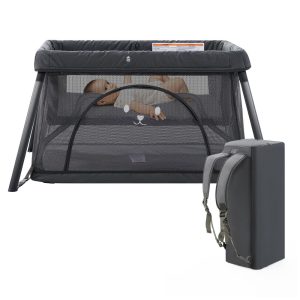 Berço Cercado Portátil 3 em 1 com Colchão Confortável e Bolsa de Transporte Sporary Cinza Escuro