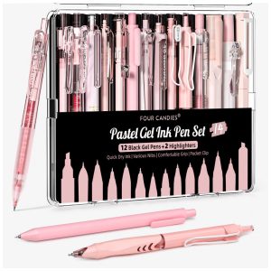 Canetas em gel Four Candies rosas com tinta preta e rosa e 2 marcadores pastel ponta fina 05 mm retrátil kit 14 peças para estudo e escritório