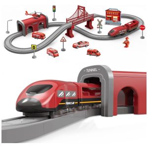 Conjunto de Trenzinho de Brinquedo com 66 Peças e Trilhos Conexão Magnética para Crianças de 3 a 7 anos Wdmiya Vermelho