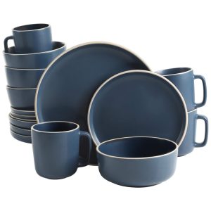 Aparelho de Jantar com 16 Peças em Cerâmica Faiança Incluindo Pratos Xícaras e Bowls Gibson Home Zuma Azul