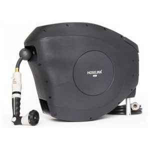 Mangueira de Jadim 25M com Enrolador Retrátil Bico Pulverizador de 8 Padrões Estabilizada por UV sem Dobras HOSELINK Preto