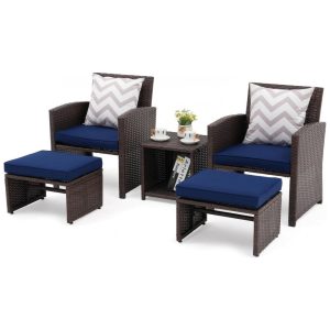 Conjunto de Conversação para Pátio OC Orange-Casual - 5 Peças Móveis de Varanda com Almofadas Cadeira de Vime Marrom com Otomano Mesa de Armazename