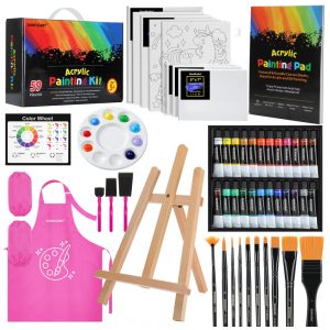 Kit pintura acrílica 59 peças MMARTE rosa com 24 tintas cavalete em faia pincéis telas e bloco de canvas