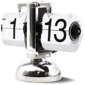 Relógio de Mesa Retrô Mecânico Alimentado por Bateria Betus Prata e Branco