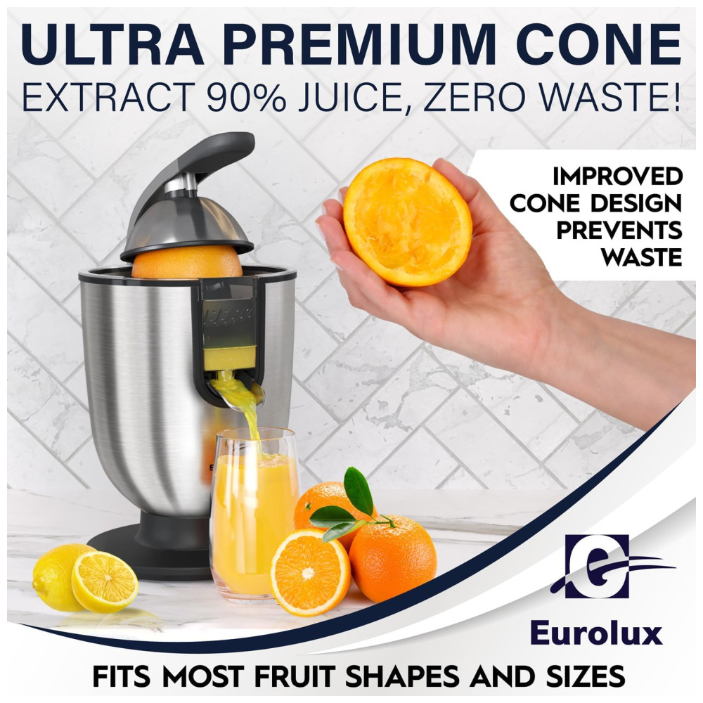 Espremedor Elétrico Eurolux Premium Inox Motor 160W Automático Controle de Polpa Alça Soft Grip Silencioso Peças Lava-louças 110V - Imagem 4