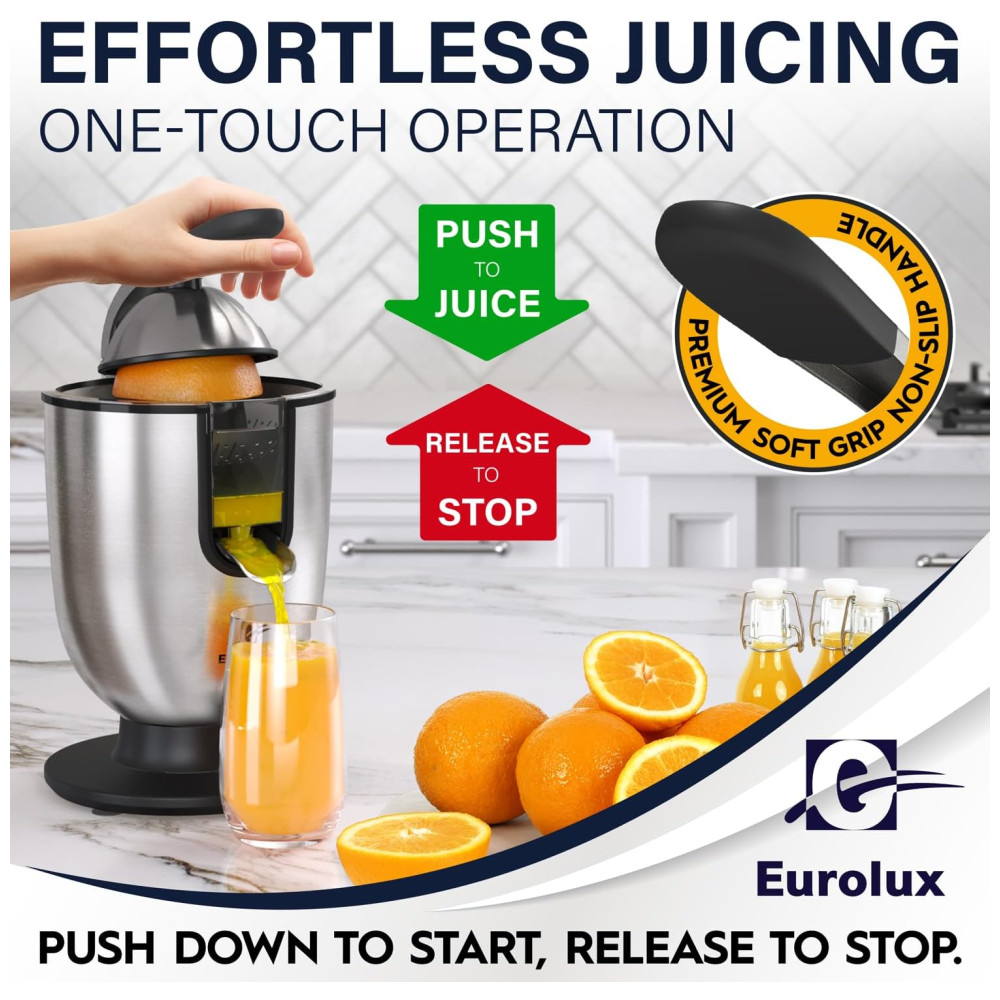Espremedor Elétrico Eurolux Premium Inox Motor 160W Automático Controle de Polpa Alça Soft Grip Silencioso Peças Lava-louças 110V - Imagem 6