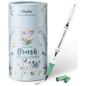Conjunto de Canetas Artisticas 60 Cores com Pontas Duplas Pincel Fino à Base de Água para Crianças e Adultos Ohuhu Branca
