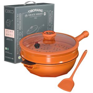 Panela Funda Antiaderente com Indicador de Calor Tampa de VidroCabo Frio Grelha a Vapor Livre de PFOA Segura para Lava-louçasTIBORANGLaranja