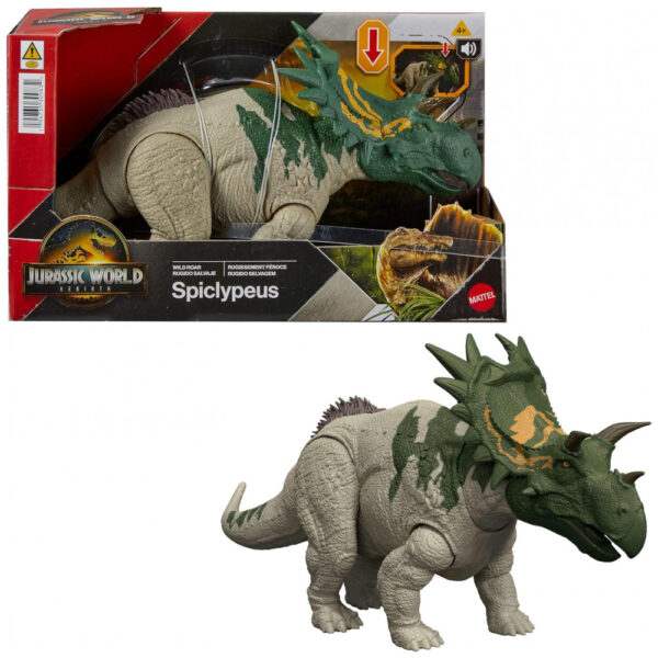 Brinquedo Mattel Jurassic World Rebirth Wild Roar Dinosaur Toy, Figura Articulada Spiclypeus com Ataque de Cabeçada Controlada pela Cauda,