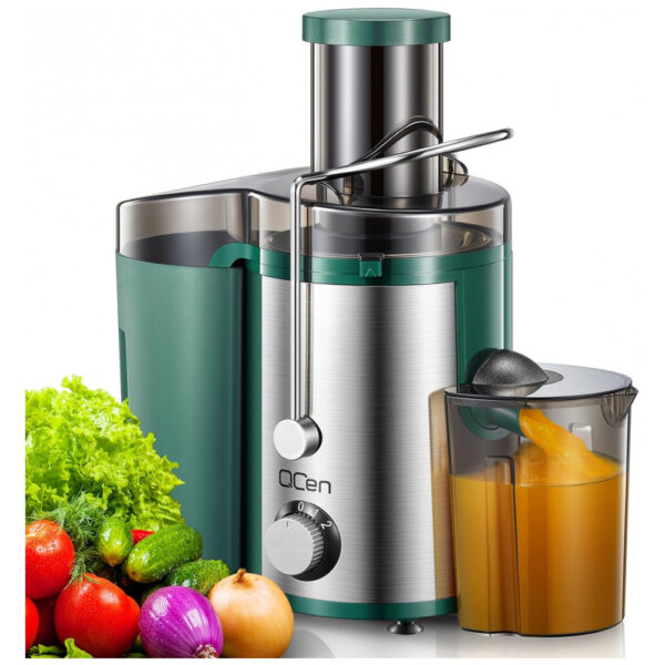 Extrator de Suco Centrífugo Qcen, 800W com Boca de Alimentação Larga para Frutas e Vegetais, Fácil de Limpar - Aço Inoxidável Verde 800W