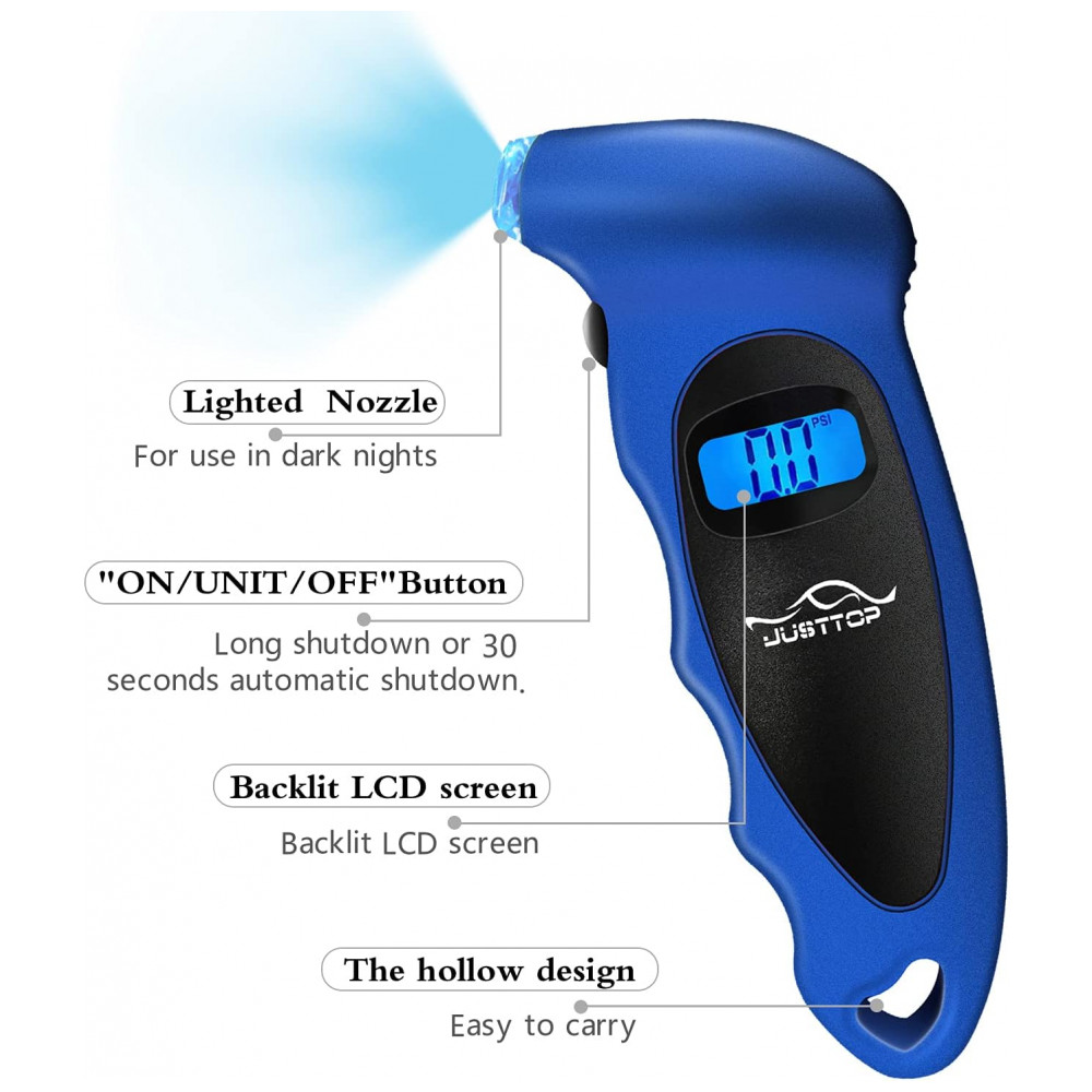 Medidor de Pressão Digital para Pneus JUSTTOP, 150PSI 4 Configurações para Carros, Caminhões e Bicicletas, LCD Iluminado e Alça Antiderrapante, - Imagem 2