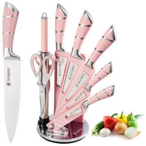 Conjunto de Facas em Aço Inoxidável com Suporte em Acrílico 9 Peças Rosa