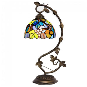 Abajur de mesa Tiffany ZJART âmbar uvas base folha metálica cúpula stained glass 20 cm altura 53 cm soquete E26 110V