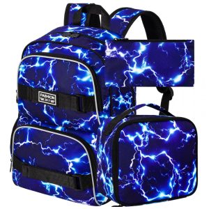 Mochila AGSDON 3 em 1 azul com estampa de raios para notebook 17" com lancheira e estojo