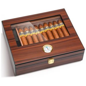 Umidor de Charutos Bald Eagle Caixa com Visor de Vidro Umidade Controlada com Higrômetro Estojo de Madeira de Cedro para 25-30 Charutos