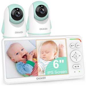 Babá Eletrônica com Monitor de 6 IPS e 2 Câmeras Áudio Bateria de 30H Modo ECO e Conversação Semn WiFi OKAIDI Branca e Verde